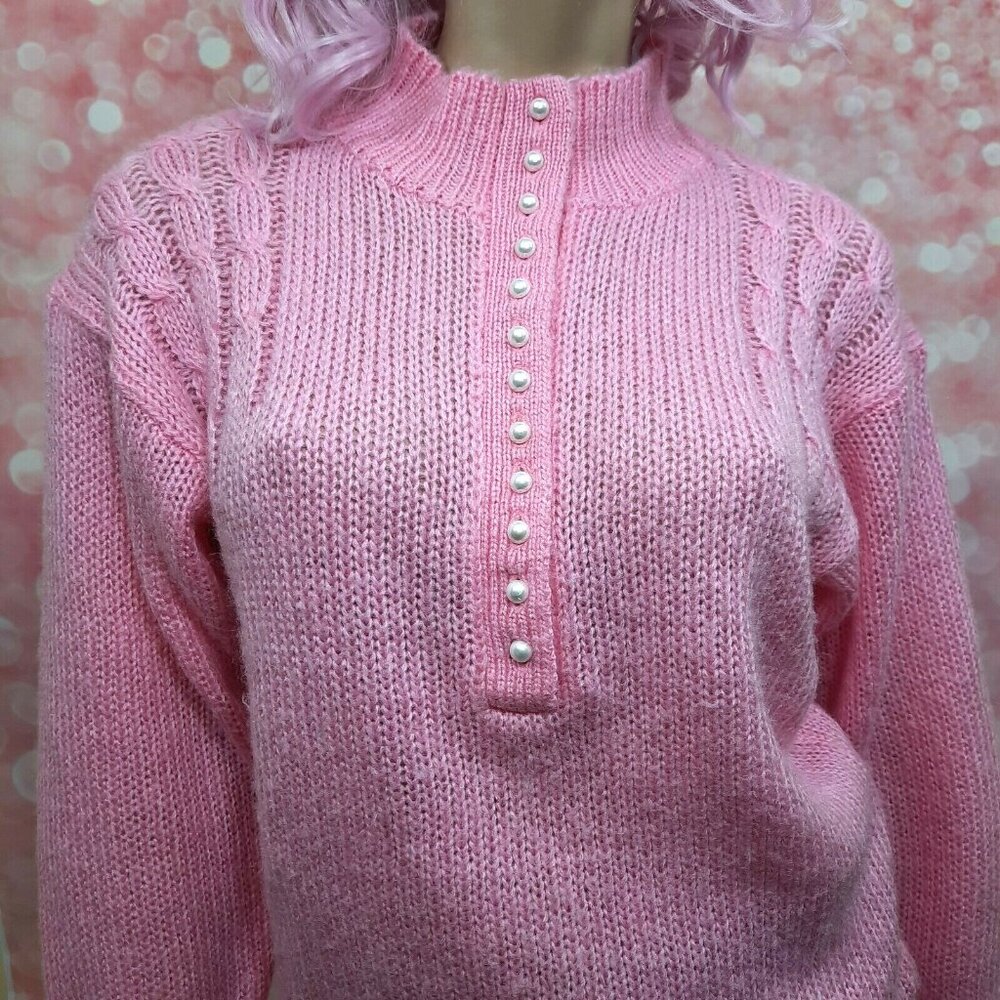 Vintage 80s Sweater Size S Bubblegum Pink Fairy Coquette Faux Pearl Buttons